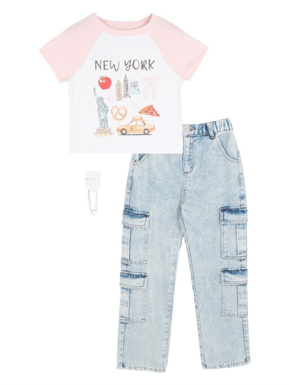 Tween Diva Girls 2-Piece New York Graphic Top & Cargo Jeans Set – Size 8+Bracele